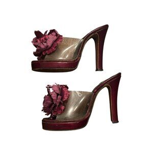 Kimel California Vintage Floral Red Heels Sandals Open Toe Women's Shoes Size 7